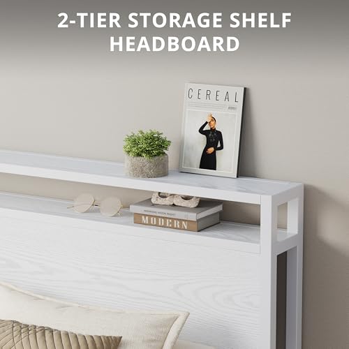 Image of LIKIMIO Full Bed Frame with Headboard, Wood Camas Full with Strong Supports, Sturdy, Noise-Free, No Box Spring Needed, White