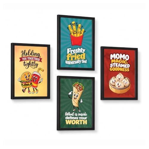 Image of Chaka Chaundh - Restaurant wall decoration items - Cafe quotes wall frames - Food walls frame - funny, cartoonist, fast food wall frame art - Burger wall frame poster, Roll wall frame, - Moms frame poster wall art, - French fries wall art. ( 14X11 inch. Set OF 4 )
