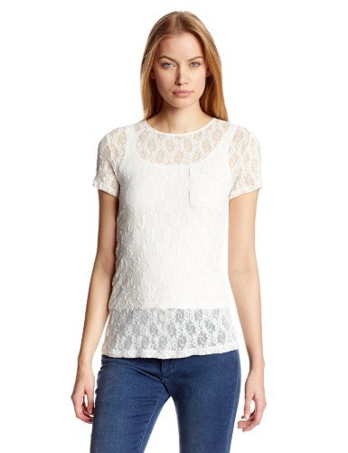 Only Hearts Women's Stretch Lace Boyfriend Pocket Tee Lined, Vanilla/Grey Pearl, Large
