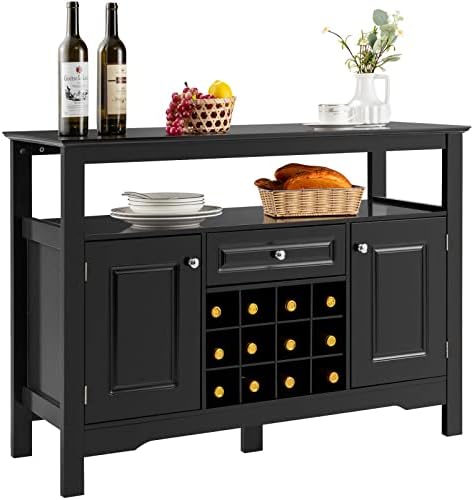 Giantex Sideboard, Farmhouse Buffet Storage Cabinet, 12 Wine Bottle Rack Large Drawer, Wood Cupboard Pantry Organizer, Kitchen Dining Room Coffee Bar Stationary Table, Black