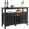 Giantex Sideboard Farmhouse Buffet Storage Cabinet 12 Wine Bottle Rack Large Drawer Wood Cupboard Pantry Organizer Kitchen Dining Room Coffee Bar Stationary Table Black