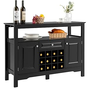 Giantex Sideboard Farmhouse Buffet Storage Cabinet 12 Wine Bottle Rack Large Drawer Wood Cupboard Pantry Organizer Kitchen Dining Room Coffee Bar Stationary Table Black