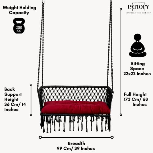 Image of Patiofy Double Seater Swing Chair Arm Rest /Hanging Hammock For 2 People /Jhula Adults /2 Balcony /200Kg Weight Holding Capacity /Hanging Kit & Cushion Included-Black - Polyester