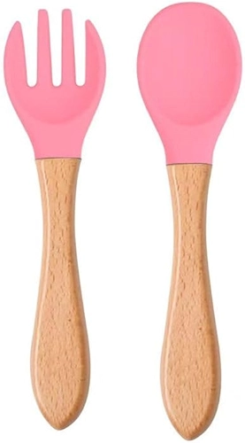 Kit Garfo e Colher De Silicone Cabo De Madeira Para Bebê Seguro Livre de BPA Ergonômico Macio e Flexível Ideal para Introdução Alimentar Azul Premuim