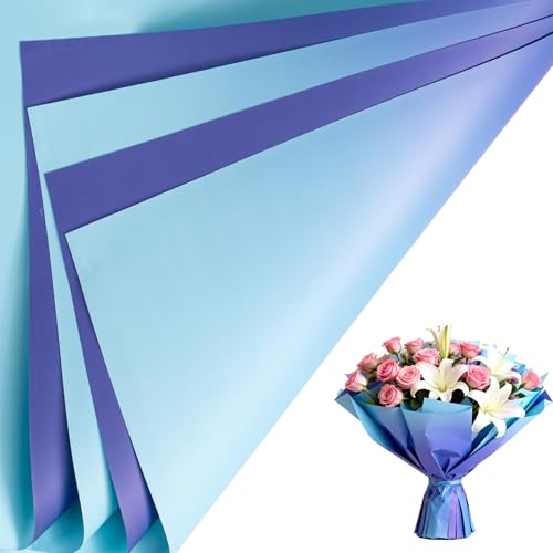 LeZakaa Blue Flower Wrapping Paper, 20 Sheets Waterproof Reversible Gradient Floral Wrap for Bouquets, Valentines Day, Mothers Day, Wedding, Birthday, Anniversary, 22.8 x 19.7 in