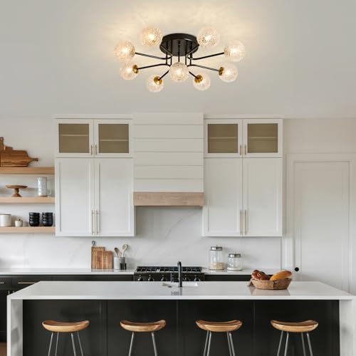 Image of Sputnik Semi Flush Mount Ceiling Light Black Glass Globe Ceiling Lighting Modern Close to Ceiling Light for Living Room Dining Room Bedroom Kitchen