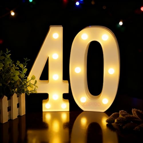 Image of Balloonistics LED Marquee Number 40 Light - 8.66-Inch Cordless Battery-Operated Light Up Number Sign for 40th Birthday, Anniversary, Wedding, Party Decoration, Wall Hanging or Table Display