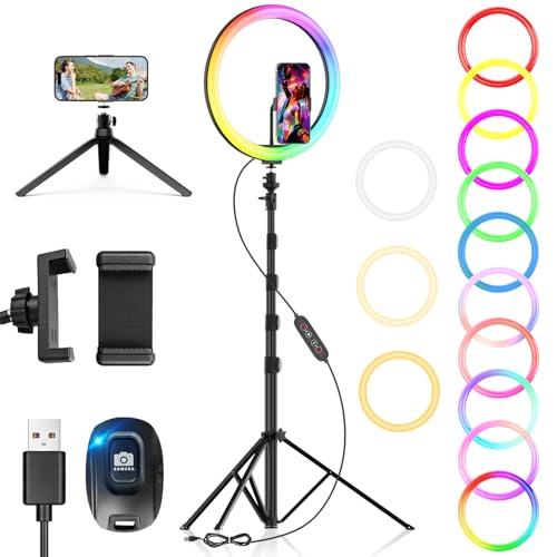 PEYOU 12' Selfie Ring Light with 73' Extendable Tripod Stand and Phone Holder, 38 Color Modes...