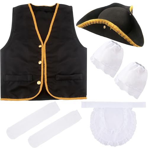 Flotory 6 Pcs Kids Pirate Tricorn Hat Costume Set Pirate Colonial Vest Tricorn Hat White Colonial Lace Socks Lace Collar for Boys Halloween Masquerade Party Cosplay