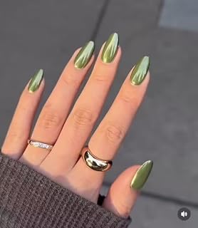 24PCS Press On Nails, Mirror Metal Stiletto Fake Nails, Almond Medium Shape, Stick on Nails, Glue on Nails (Aurora Green)