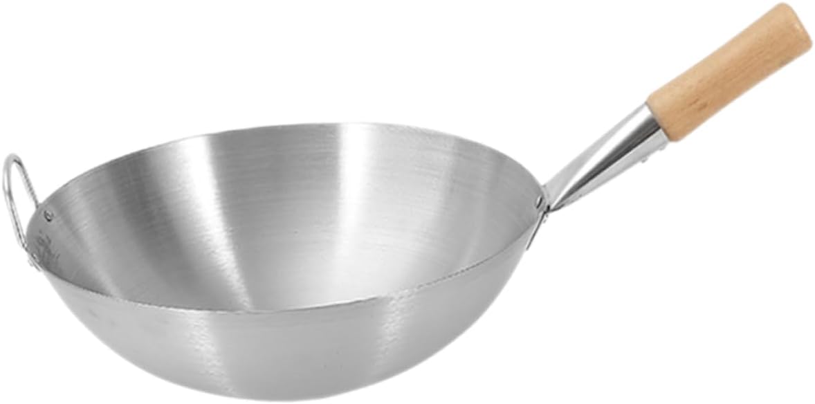 Stainless Steel Wok with Wooden Handle for Stove Cooking Multipurpose Frying Pan for Stir Fry Steam and Hot Pot Metal Cookware with Heat Resistant Handle