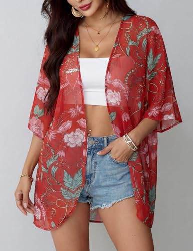Image of Chunoy Women Floral Beach Wear Cover Up Chiffon Kimono Cardigan Open Front Blouse Top