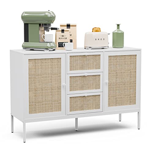 Ikifly Rattan Storage Cabinet, Boho Sideboard Buffet Cabinet With 3 Drawers And 2 Doors, Accent Console Table Cabinet For Living Room, Kitchen, Dining Room, Entryway - White #TOP5