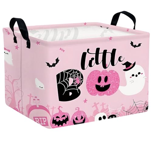 Image of Halloween Basket Gift Cute Pumpkin Ghost Parties Decor Kid Trick or Treat Basket for Boys and Girls Rectangular Storage Bin Box (Pink)