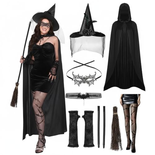 HarnyLoom 8 Stück Hexenkostüm Damen Halloween Kostüm Umhang Hexe Frauen Mädchen Accessoires mit Hexenhut Maske Handschuhe Hexenbesen für...