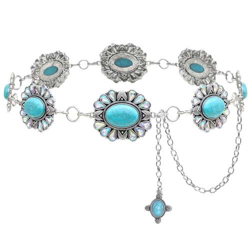 Bling Rhinestone Concho Belt Silver Metal Boho Turquoise Belts Western Crystal Waist Chain Belt for Women Dress