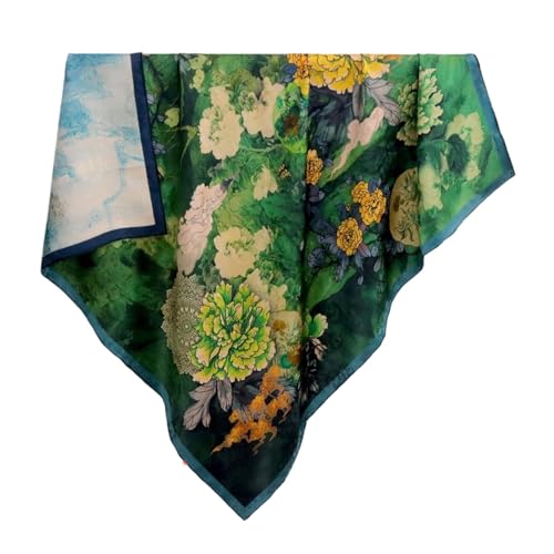 HangErFeng Women Scarf Silk Fragrant Cloud Yarn Square Peony Pattern Double Printed Green Shawl 871 onesize