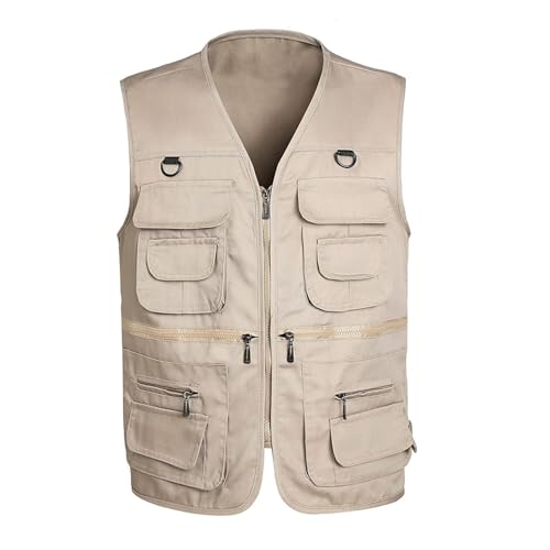 AOTORR Men's Utility Fishing Vest Lightweight Outdoor Work Safari Travel Multi Pockets Waistcoat Jacket Khaki L