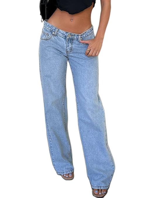 Women Y2k Low Rise Baggy Jeans Wide Leg Boyfriend Denim Pants Vintage Straight Leg Jeans Streetwear