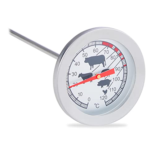 Relaxdays 10022814, Braten Grillthermometer, Edelstahl Fleischthermometer, 20 cm Einstichthermometer analog, Silber