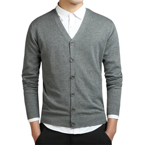 Men Cotton Sweater Long Sleeve Cardigan Mens V-Neck Loose Solid Button Fit Knitting Casual Sweaters Dark Gray