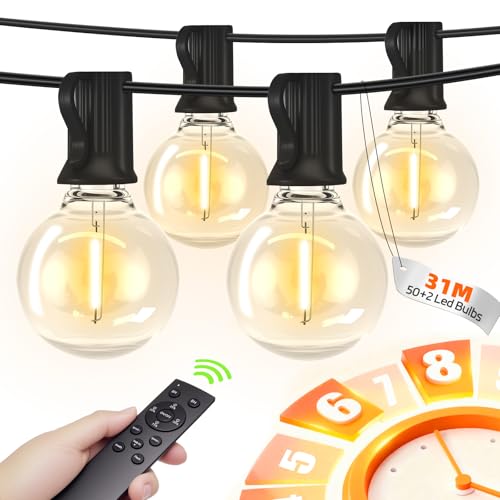 Roshin 31M Dimmable Festoon Lights Outdoor (50+2 LED) with Remote & Timer, 3M Extension Cord 3 Modes String Lights Waterproof & Shatterproof for Patio, Party, Backyard (G40)