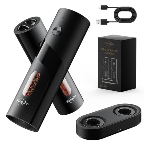 Sangcon 110ml Rechargeable Electric Salt and Pepper Grinder Set, USB Automatic Pepper Mill with LED Light, Top-Fill Design, Adjustable Ceramic Head, 2-Pack with Charging Base, Holiday Gifts