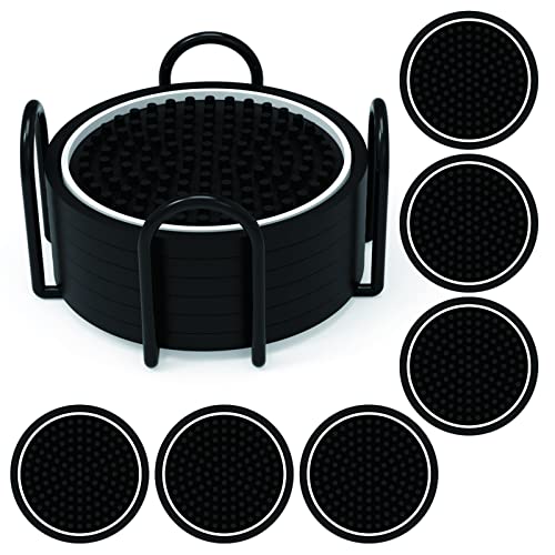 BARsics Drink Coasters Set, 3.75" Black Non-Slip PVC Coasters with Metal Wire Holder, Durable and Elegant Design for Kitchen, Home Bar, Restaurants Table (Pack of 6)