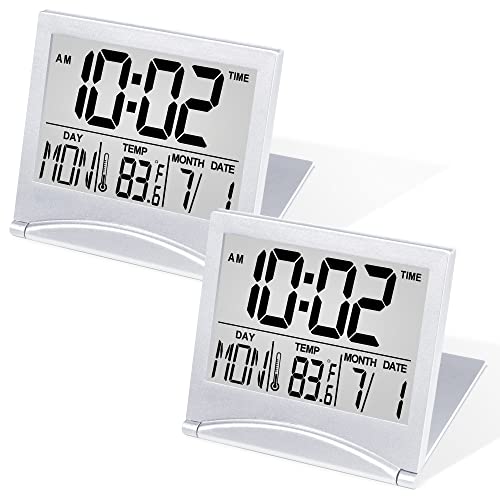 Betus Digital Travel Alarm Clock - Foldable Calendar Temperature Timer LCD Clock with Snooze Mode - Large Number Display, Battery Operated - Compact Desk Clock for All Ages (Silver Pack of 2)