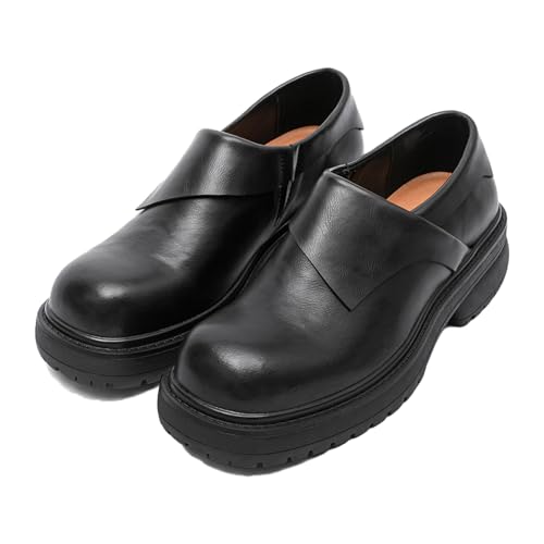 Men's Leather Big Round Toe Platform Heighten Loafers Fashion Block Chunky Heel Lug Sole Non-Slip Slip-On Dress Loafers for Business Commuting Daily