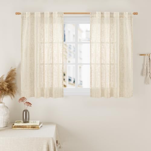 LAMIT Short Linen Window Curtains 40 Inch Length 2 Panels, Beige Semi Sheer Light Filtering Panels Back Tab and Rod Pocket Neutral Drapes for Basement/Window/Loft Room, 34 x 40 Inch