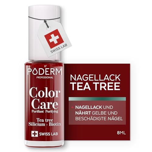 PODERM Pflegelack mit Tea Tree - Allurarot | Swiss Lab - 8ML | Angereichert mit Tea Tree Silizium & Biotin | Reinigt Klärt & Nährt Gelbe Nägel | Entwickelt von einer Podologin