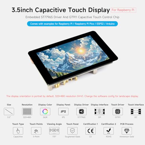 Image of Waveshare 3.5inch Capacitive Touch Display, Compatible with Raspberry Pi 5 /4B /3B, Pi Pico, IPS Panel, 320x480, 5-Point Touch, Immersion Gold Process, Toughened Glass Panel