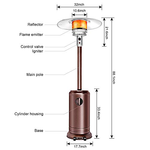 Aussumy Propane Patio Heater Outdoor : Mushroom-Styled Heat-Focusing Warmer Standing Lamp Btu 45000 with Wheels Wedding Party Garden Porch Deck Bronze