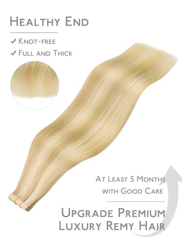 Image of WENNALIFE Fuller Tape in Hair Extensions Human Hair, 22 inch 20pcs 80g Light Blonde Highlighted Golden Blonde Remy Hair Straight Tape in Extensions Skin Weft Tape Ins Extensiones De Cabello Humano