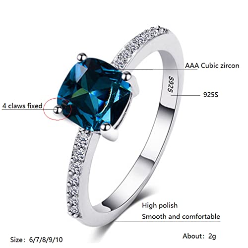 Vintage Emerald Peacock Blue Ladies 925 Sterling Silver Inlaid Sapphire Diamond Rings Square Zircon Ring Womens Shiny Blue Gemstone Engagement Wedding Promise Band CZ Ring (6)2