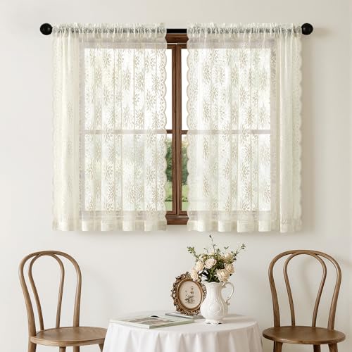Image of MIULEE Vintage Floral Scalloped Lace Curtains 2 Panels, Ivory 52 inch W x 45 inch L | Victorian Decorative Design, Semi Sheer Curtains, Pretty Cafe Short Tier Panels, Lace Small Drapes for Kitchen