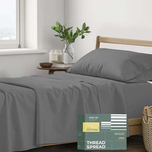THREAD SPREAD 100% Organic Cotton Sheets Twin XL Size - 3 PC Organic Cotton Twin XL Size Percale Weave Sheet Set, Soft, Cooling, Crisp & Breathable, 16" Deep Pocket Hotel Quality Bedding - Dark Grey