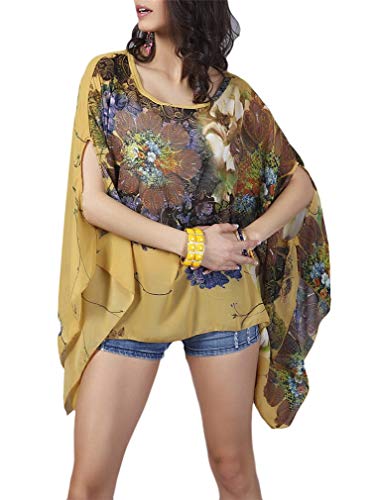 Vanbuy Women Summer Floral Print Shirt Batwing Sleeve Top Chiffon Poncho Casual Loose Tunic Blouse Z91-8000-Yellow