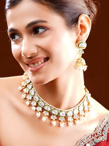 Image of Rubans Gold Plated Kundan Green Enamel Pearl Beaded Necklace Set with Earrings & Maangtikka Bridal Wedding Jewellery for Women & Girls