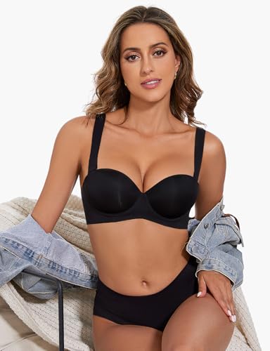 Push Up Bras for Women Support Padded Balconette Add 1 Cup Size Wide Band Underwire Back Smoothing T-Shirt Bra4