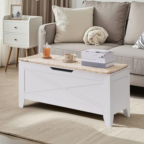 VECELO 43.3" Storage Chest with Lift Top Storage, Farmhouse Style Ottoman with Handwoven Wicker Cushion, Safety Hinges, Ideal for Entryway, Bedroom, Living Room, Ivory White by VECELO - Image 3
