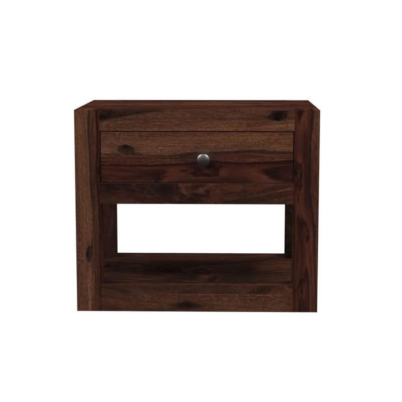 Image of Solid Wood Sheesham End Table with 1 Drawer and 1 Open Shelf Modern Design - Walnut Finish