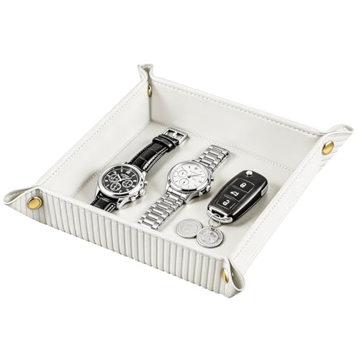 Image of YAPISHI Light Luxury Valet Tray for Men, PU Leather Vanity Jewelry Tray & Decorative Perfume Catchall, Folding Travel EDC Dump Tray, Nightstand Organizer Caddy for Keys, Watches, Coin Bowl Dish