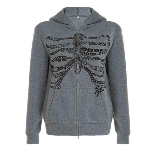 SANLEG Women's Y2K Chain Bone Print Hoodie, Grey, M
