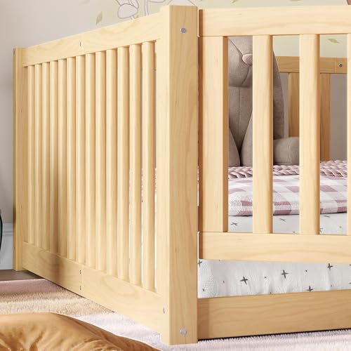 Image of Bellemave Full Size Kids Montessori Floor Bed with Door,Solid Wood Floor Bed Frame with High Fence for Girls,Boys,Natural