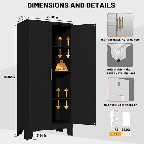 Image of PAOFIN Metal Kitchen Pantry Storage Cabinet | 61 inch Freestanding Cupboard with 3 Adjustable Shelves for Kitchen, Living Room and Dining Room (Black)