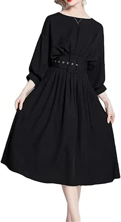 Vsadsau Vrouwen Effen Kleur Jurken 3/4 Mouwen Ronde Hals Hoge Taille