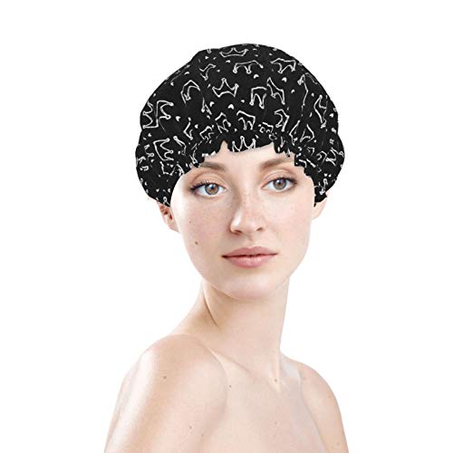 Black Cool Crown King Queen Heart Graffiti Double Layers Shower Cap For Long Hair Shower Caps For Women Bath Cap Turban Sauna Shower Caps Waterproof Reusable