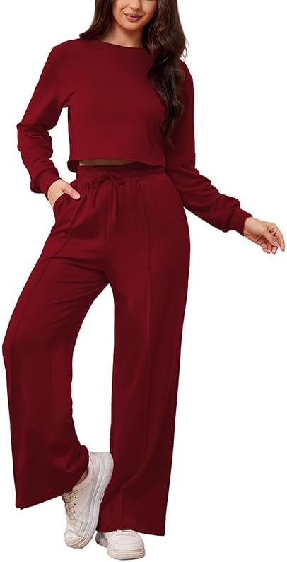 PINSV Women's 2 Piece Outfits Sweatsuit Set Long Sleeve Crop Top Drawstring Wide Leg Pants with Pockets Tracksuits Casual Set - Image 4